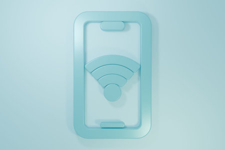 Blue Smartphone with free wi-fi wireless connection icon isolated on blue background. Wireless technology, wi-fi connection, wireless network. Minimalism concept. 3D render illustration.の写真素材