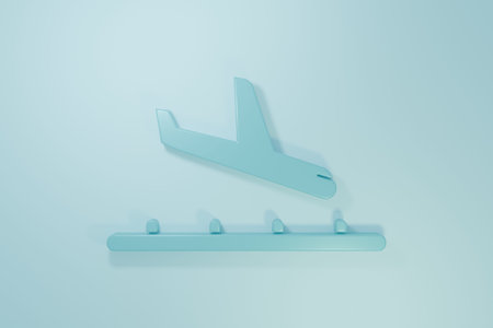 Blue Plane landing icon isolated on blue background. Airplane transport symbol. Minimalism concept. 3D render illustration.の写真素材