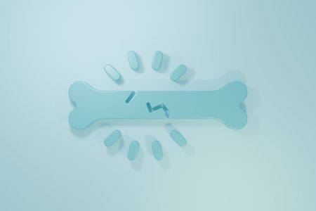 Blue Bone pain icon isolated on blue background. Orthopedic medical. Disease of the joints and bones, arthritis. Minimalism concept. 3D render illustration.の写真素材
