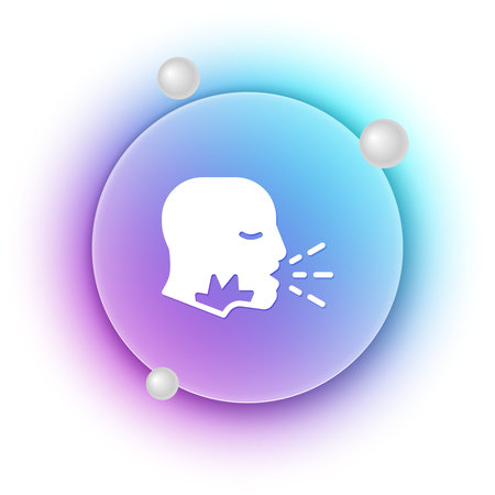 White Man coughing icon isolated on white background. Viral infection, influenza, flu, cold symptom. Tuberculosis, mumps, whooping cough. Blue and purple gradient circle background. Vector..のイラスト素材