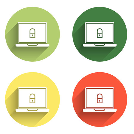 Set Laptop and lock icon isolated with long shadow background. Computer and padlock. Security, safety, protection concept. Safe internetwork. Color circle button. Vector.のイラスト素材