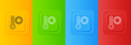 White Meteorology thermometer measuring heat and cold icon isolated on colorful background. Thermometer equipment showing hot or cold weather. Set icons in square buttons. Vector.のイラスト素材