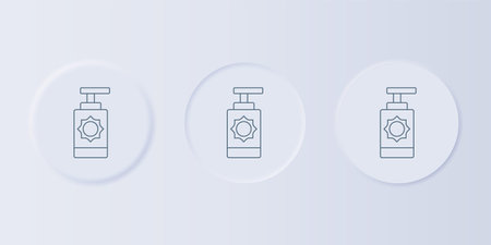 Gray Sunscreen spray bottle icon isolated on gray background. Protection for the skin from solar ultraviolet light. Set icons in square buttons. Vector.のイラスト素材