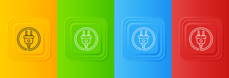 White Electric plug icon isolated on colorful background. Concept of connection and disconnection of the electricity. Set icons in square buttons. Vector.のイラスト素材