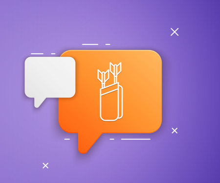White Quiver with arrows icon isolated on purple background. Orange speech bubble symbol. Vector.のイラスト素材