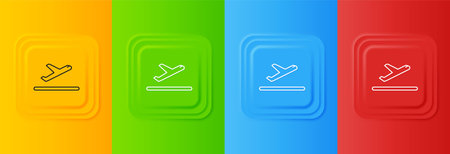 White Plane takeoff icon isolated on colorful background. Airplane transport symbol. Set icons in square buttons. Vector.のイラスト素材