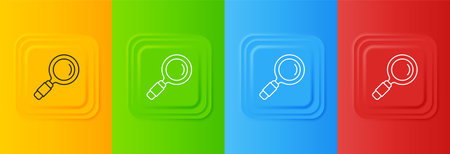 White Magnifying glass icon isolated on colorful background. Search, focus, zoom, business symbol. Set icons in square buttons. Vector.のイラスト素材