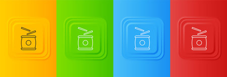 White Chinese drum icon isolated on colorful background. Traditional Asian percussion instrument Taiko or O-Daiko drum. Set icons in square buttons. Vector.のイラスト素材