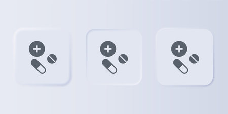 Gray Medicine pill or tablet icon isolated on gray background. Capsule pill and drug sign. Pharmacy design. Set icons in square buttons. Vector.のイラスト素材