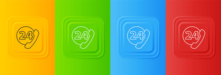 White Telephone 24 hours support icon isolated on colorful background. All-day customer support call-center. Full time call services. Set icons in square buttons. Vector.のイラスト素材