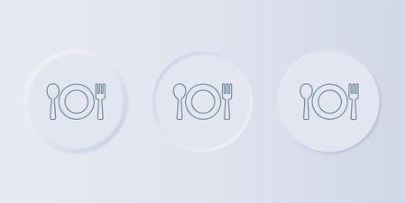 Gray Plate, fork and knife icon isolated on gray background. Cutlery symbol. Restaurant sign. Set icons in square buttons. Vector.のイラスト素材