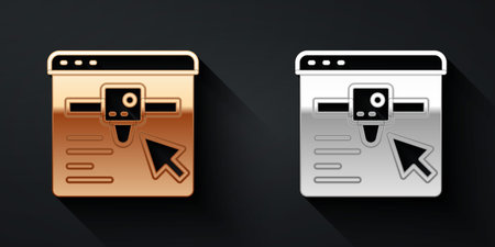 Gold and silver 3D printer setting icon isolated on black background. 3d printing. Long shadow...