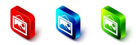 Isometric Picture landscape icon isolated on white background. Red, blue and green square button....