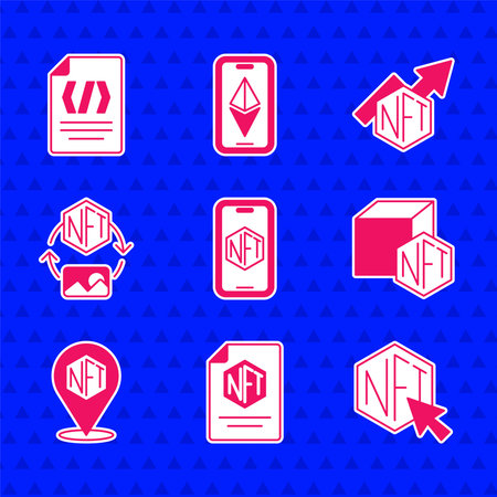 Set Mobile with art store app NFT contract Digital crypto growth bar chart and Binary code icon....