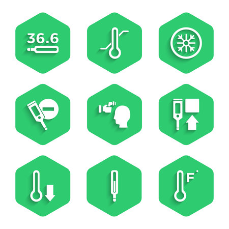 Set Checking body temperature Medical thermometer Meteorology Digital Snowflake and icon. Vector.