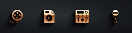 Set Film reel, AVI file document, Sound mixer controller and Microphone icon with long shadow....