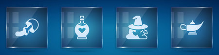 Set Psilocybin mushroom, Bottle with love potion, Witch and Magic lamp or Aladdin. Square glass panels. Vector.のイラスト素材
