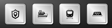 Set Location shield, Ship line path, Train and Taxi car roof icon. Silver square button. Vector.のイラスト素材