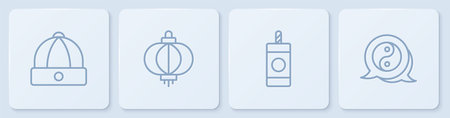 Set line Chinese hat Firework paper lantern and Yin Yang symbol. White square button. Vector.のイラスト素材