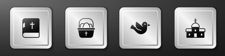 Set Holy bible book, Basket with easter eggs, Dove and Church building icon. Silver square button....
