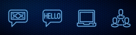 Set line Laptop Stacks paper money cash Hello in different languages and Employee hierarchy. Glowing...