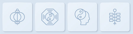 Set line Chinese paper lantern Yin Yang symbol and Firework. White square button. Vector.