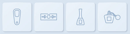 Set line Pumice for feet, Nail polish bottle, Acne and Perfume. White square button. Vector.