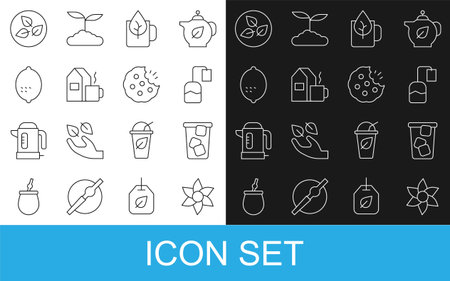 Set line Flower Ice tea Tea bag Cup of with leaf milk Lemon and Cookie or biscuit icon. Vector.のイラスト素材