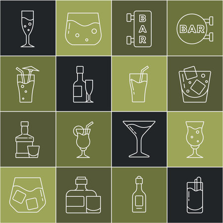 Set line Cocktail Bloody Mary Glass of beer whiskey Street signboard with Bar Champagne bottle and glass champagne and juice icon. Vector.のイラスト素材
