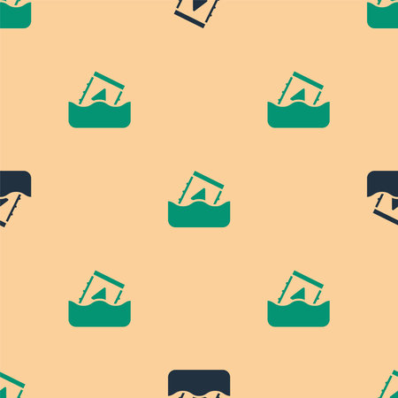 Green and black Radioactive waste in barrel icon isolated seamless pattern on beige background. Toxic waste contamination on water. Environmental pollution. Vector.のイラスト素材