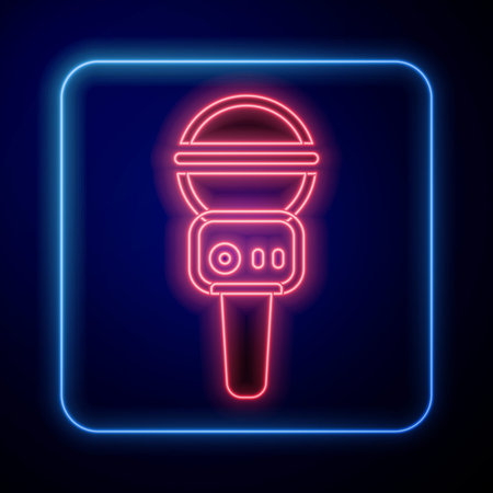 Glowing neon Microphone icon isolated on black background. On air radio mic microphone. Speaker sign. Vector.のイラスト素材