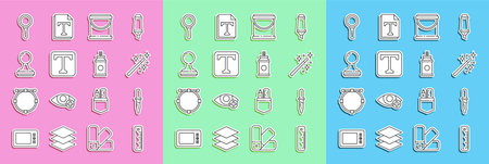 Set line Ruler Pipette Magic wand Paint bucket Text Stamp Magnifying glass and spray can icon. Vector.のイラスト素材