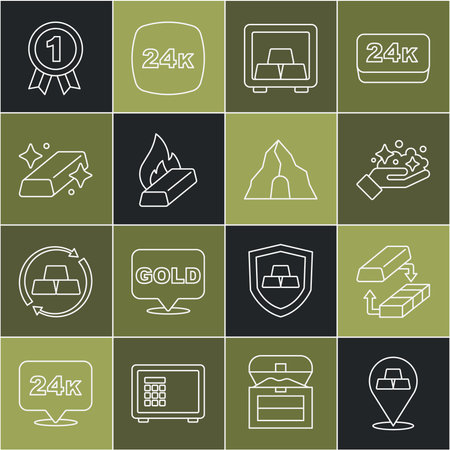 Set line Gold bars exchange money mine Safe with gold Molten being poured Medal and icon. Vector.のイラスト素材