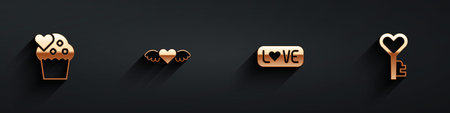 Set Wedding cake Heart with wings Love text and Key heart shape icon with long shadow. Vector.のイラスト素材