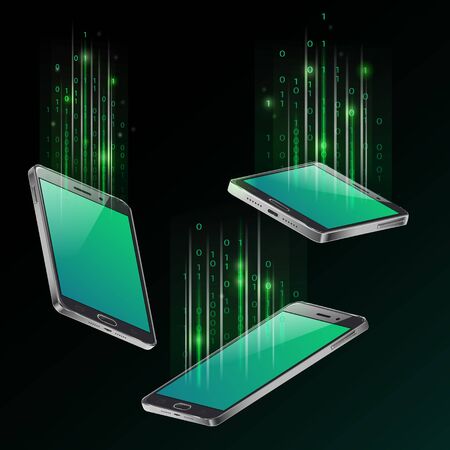 flying falling down smartphones with bright green trail trace of binary code, green screen phone. vector concept tecnology backgroundのイラスト素材