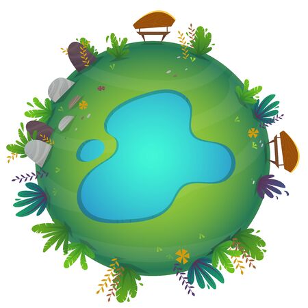 circular panorama park camping vocations view miniature planet concept with lake. green peace nature, plants and flowers concept. ecology concept illustration. funny cheerful colorful landscapeの写真素材