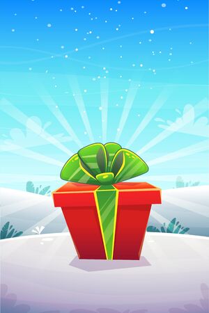 big red gift box with ribbon bow at winter snow nature outside forest or park background , vertical poster greeting card event design , vector illustrationのイラスト素材