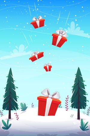 red boxes gifts pour in fall from the sky b background winter snow glade with fly clouds lue sky and fir trees , cartoon style vector illustrationのイラスト素材