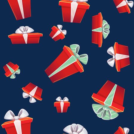 Gift box seamless pattern with presents boxes ribbon bow celebration surprise birthday wrapping paper or textile repeatable decor , vector cartoon . isolated on black  dark blue navy backgroundのイラスト素材