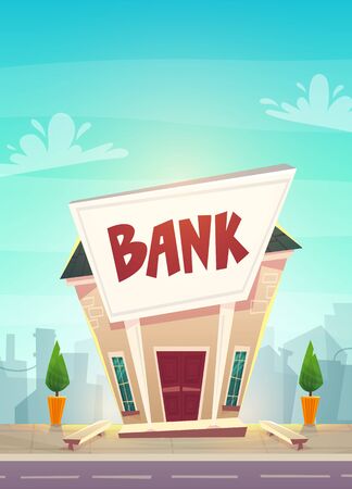 cartoon bank branch at city street illustration . happy financial business planing .  money of stock exchange finance vector. safe deposit box or creditのイラスト素材