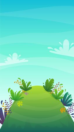 grass glade lawn in the forest background, joyful bright kids green field, cartoon style hill summer sun clear sky with clouds bushes and flowers in the garden with fir trees , vectorのイラスト素材
