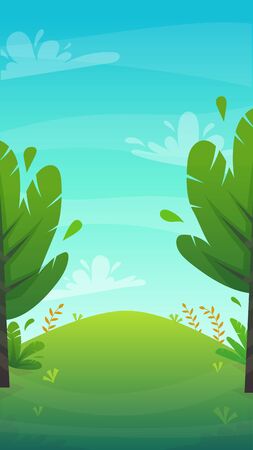 grass glade lawn in the forest background, joyful bright kids green field, cartoon style hill summer sun clear sky with clouds bushes and flowers in the garden with fir trees , vectorのイラスト素材
