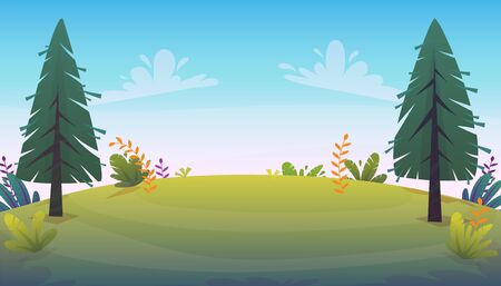 grass glade lawn in the forest background, joyful bright kids green field, cartoon style hill summer sun clear sky with clouds bushes and flowers in the garden with fir trees , vectorのイラスト素材
