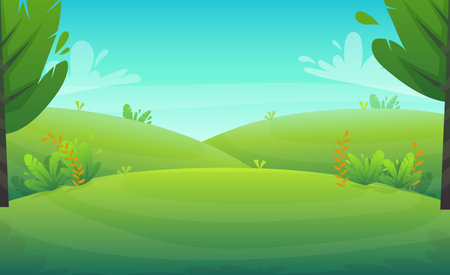 green grass meadow at park or forest trees and bushes flowers scenery background , nature lawn ecology peace vector illustration of forest nature happy funny cartoon style landscapeのイラスト素材