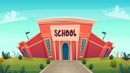 school . day of knowledge funny cartoon background ,  warm autumn education card cover in red green bright colours with clear blue sky clouds . high school comic style vector illustration の写真素材