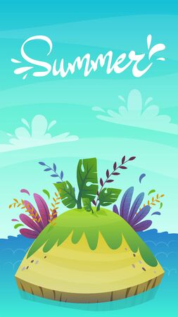 cartoon desert tropic island with coconut palm tree and exotic funny plants . summer travel tourism holiday vector illustration , uninhabited island at sea oceanのイラスト素材