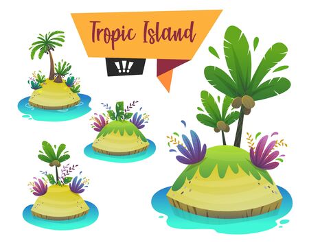 tropical island cartoon style set. funny and cheerful beautiful paradise travel tourism and adventure into sea beach shore with sand and exotic plants palm flowers . vector illustrationのイラスト素材