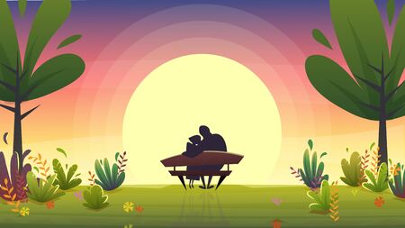 romantic date in nature park against the sunset sky. purple pink clouds and green sprout grass and trees in the garden. cartoon love date style vector illustrationのイラスト素材