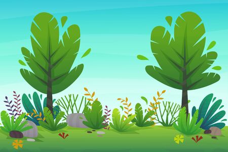 nature park background. green grass on the lawn field, bushes plants and flowers, trees landscape. comic book style vector sceneryのイラスト素材