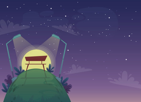 park bench on a hill with green grass and bushes plants. Nature outdoors background cartoon funny cheerful style. vectorのイラスト素材